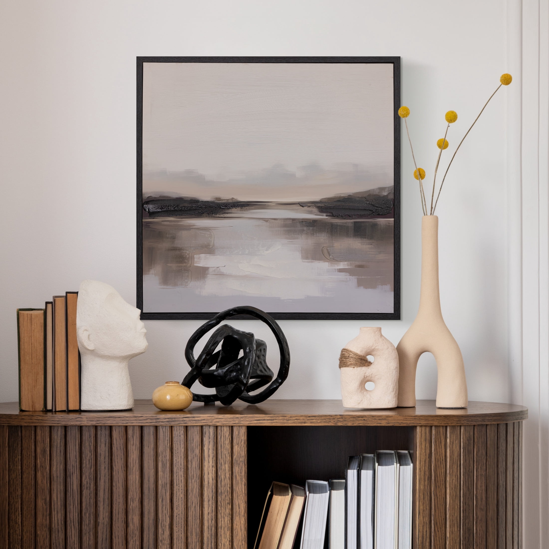 Gallery Solutions 24x24 Framed Abstract Prairie Canvas Art - Hand-Painted Embellishments with Stucco Texture, MDF Frame, and D-Ring Hangers
