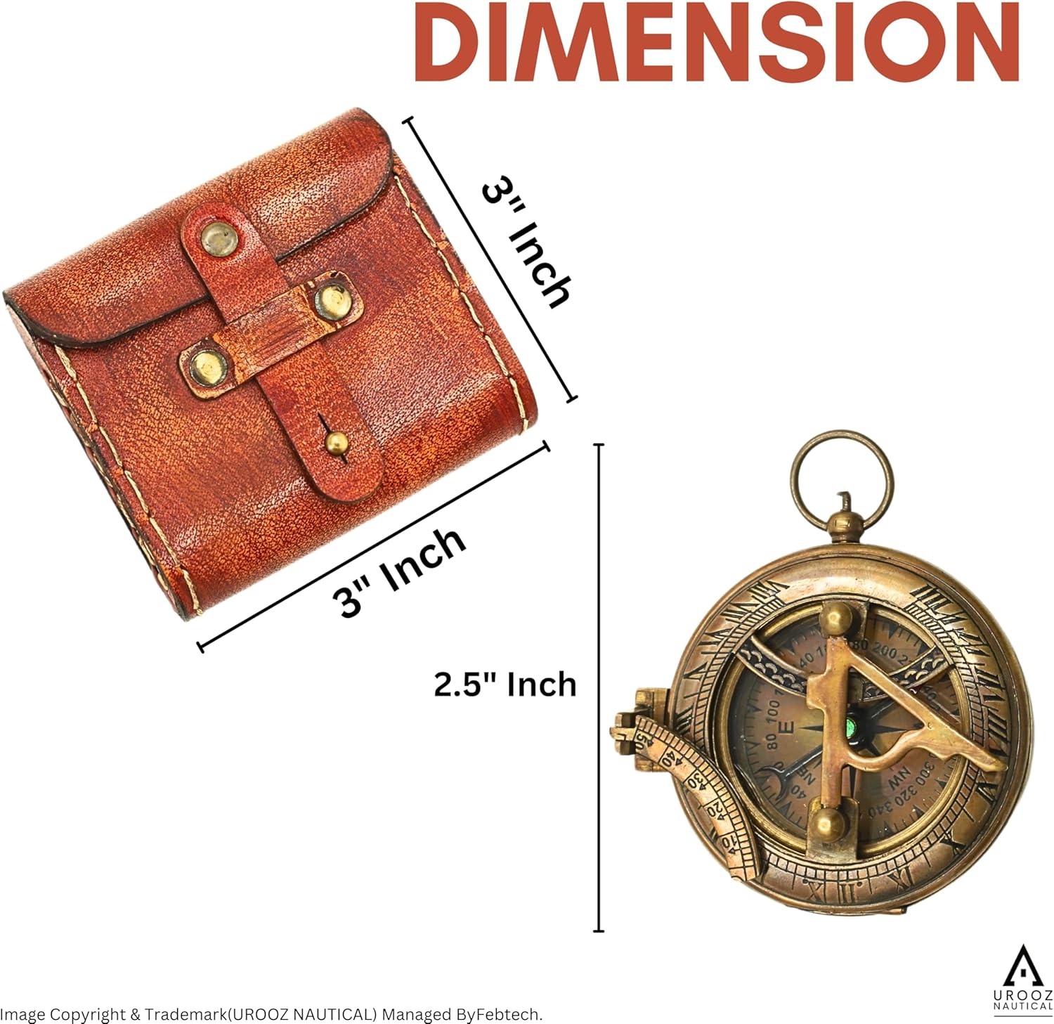 Nautical Sundial Pocket Compass with Leather Case | Compass for Camping, Hiking, Touring - Engraved Gift for Him - Nautical Ship Replica Watch - Sundial Clock in Box