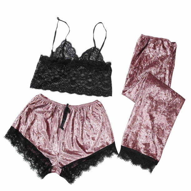 Pijama sexy de tres piezas para mujer, pijama de tres piezas de encaje de terciopelo de encaje de color sólido, camisón, ropa de dormir Fridja nalpqowj49031