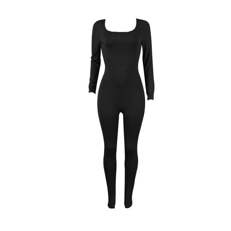 Glonme Square Neck Leotard for Women Skinny Party Long Pants Casual Tights Bodysuit  Black M 