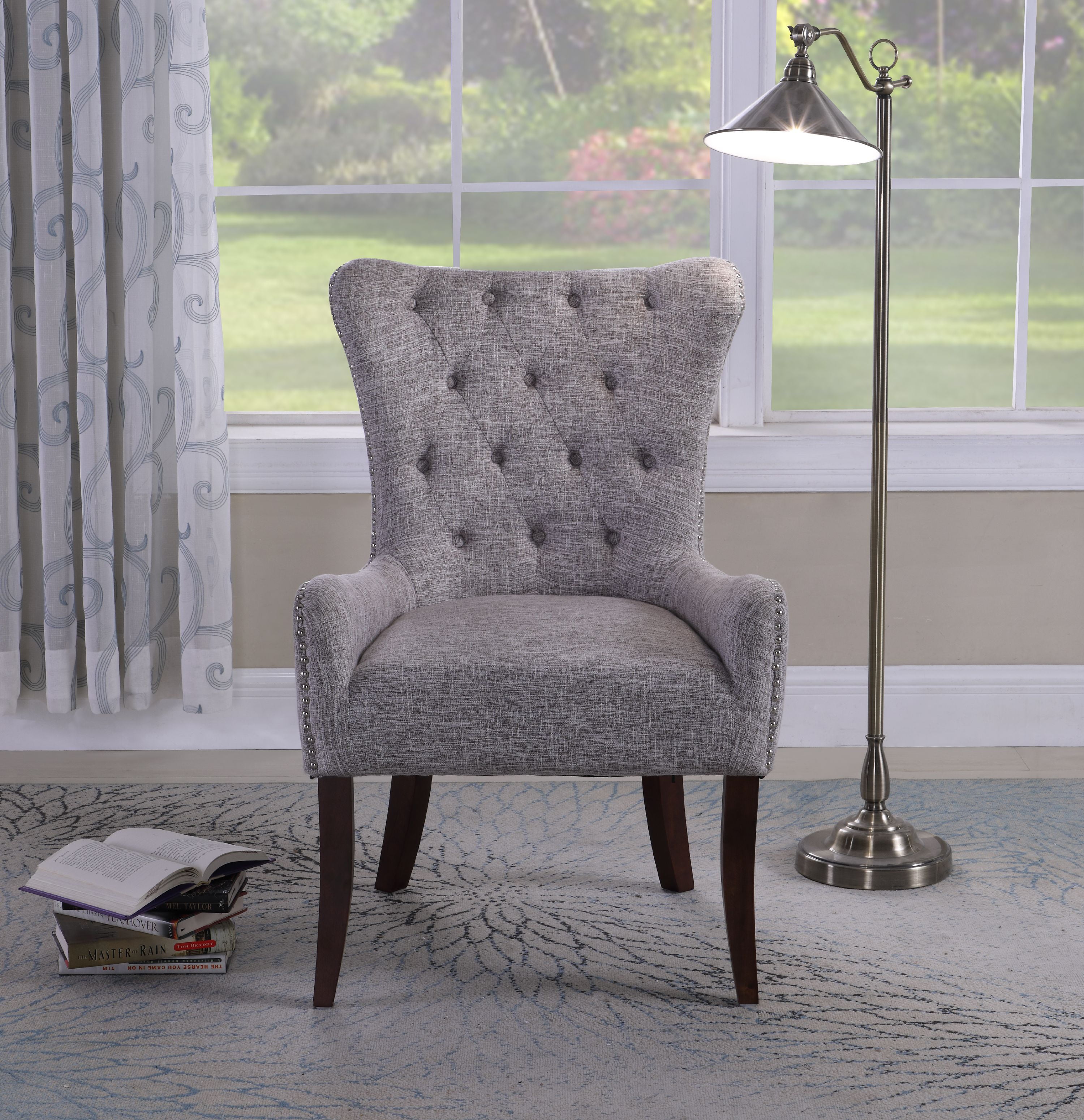 Button Tufted Elegant Accent Chair Gray White