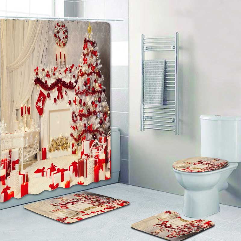 Christmas Gift Cases Leprechaun Snowflakes Waterproof Fabric Shower Curtain Set 