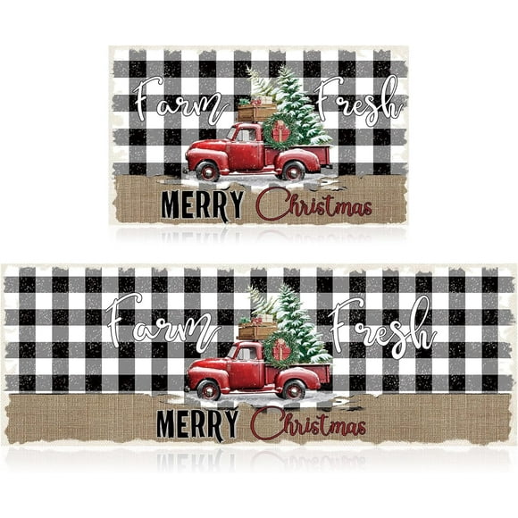 Christmas Rug Christmas Kitchen Rug Set of 2 Farmhouse Xmas Tree Truck Buffalo Check Mat for Kitchen Bath Room Decoration,17 x 47 in,17 x 28 in