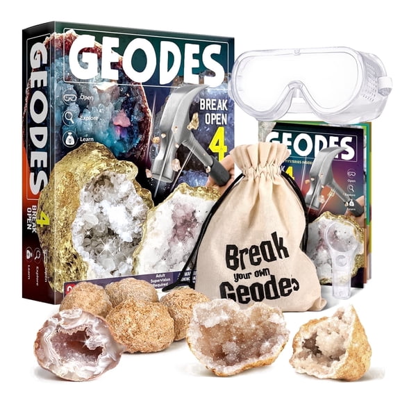 Piano Potato Break Open 4 Premium Geodes Kit, Geode Breaking Kit for Kids with Safety Goggles & Magnifying Glass, STEM Geology Kit for Kids, Geology Gift for Kids Ages 8-12