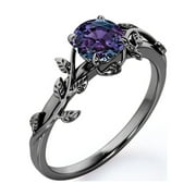 JeenMata 0.50 Carat - Round Cut Lab Created Alexandrite Ring - Leaf & Vine Engagement Ring - 18K Black Gold Plating for Women
