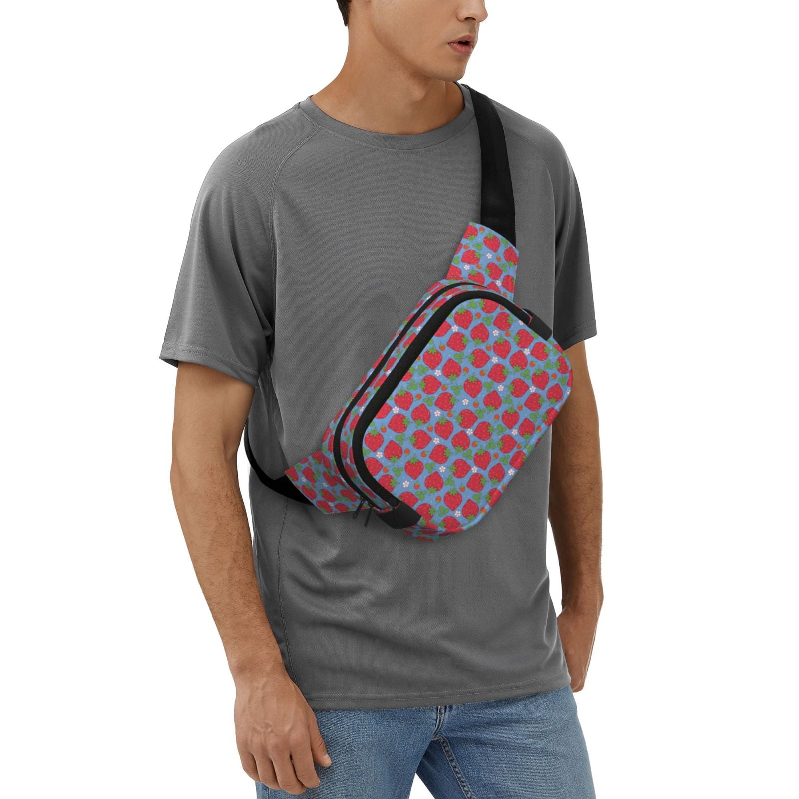 Picia Hand Drawn Strawberry Print Square Double-Layer Waist Bag Mini Adjustable Waist Belt Bag Exercise Running Travel Hiking