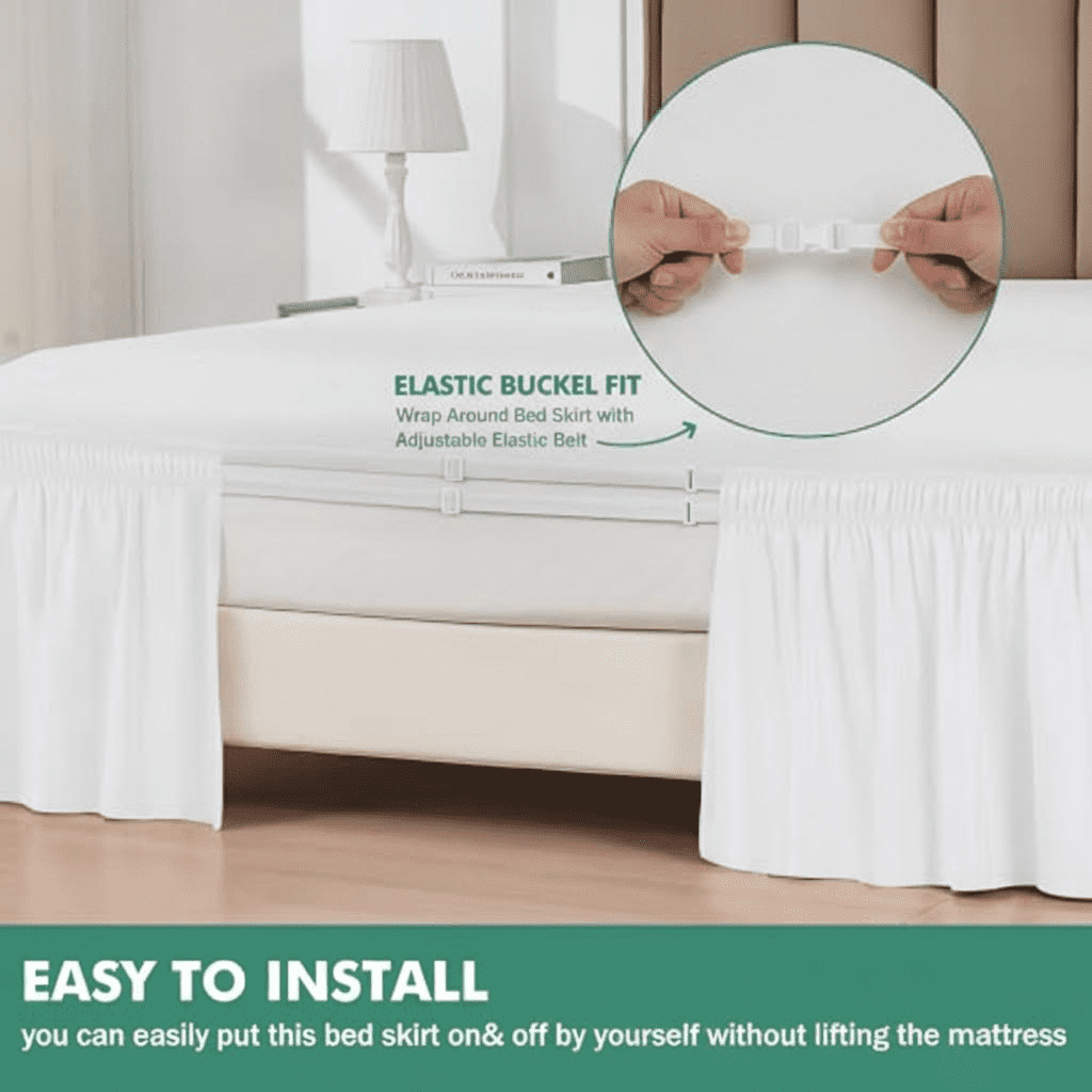 Queen Size Wrap Around Bed Skirt with Split Corners, 15-Inch Drop, White Adjustable Elastic Dust Ruffle for Easy Fit, Wrinkle-Resistant Silky Luxurious Fabric, Machine Washable