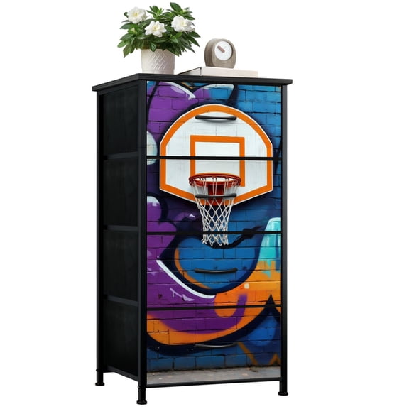 Dresser for Bedroom with 4 Storage Drawers Basketball Retro Graffiti Street Abstract Sports Cool Artist Pop Dressers Chest of Drawers Steel Framed Fabric Closet Organizers for Entryway
