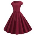 thumbnail image 3 of QLEICOM 1950's Dresses for Women Vintage, Gothic Square Neck Short Sleeve Dress, Formal Stretch Slim High Waist Swing Dress, Solid Bow Belt Audrey Hepburn Style Party Dress Wine M, 3 of 4