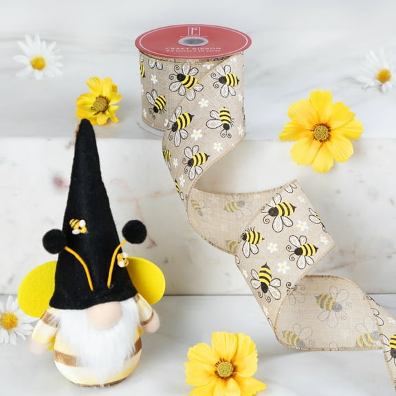Northlight Bumblebee Design Wired Spring Craft Ribbon - 2.5" x 10 Yards - Natural Burlap