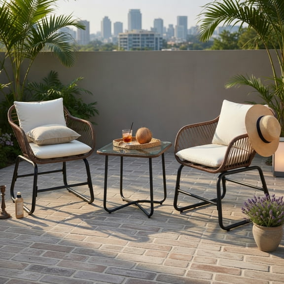 Hommoo 3-Piece Outdoor Rattan Bistro Set with Cushions, Weather-Resistant PE Wicker Armchairs Tempered Glass Table for Patio, Balcony, Poolside, White