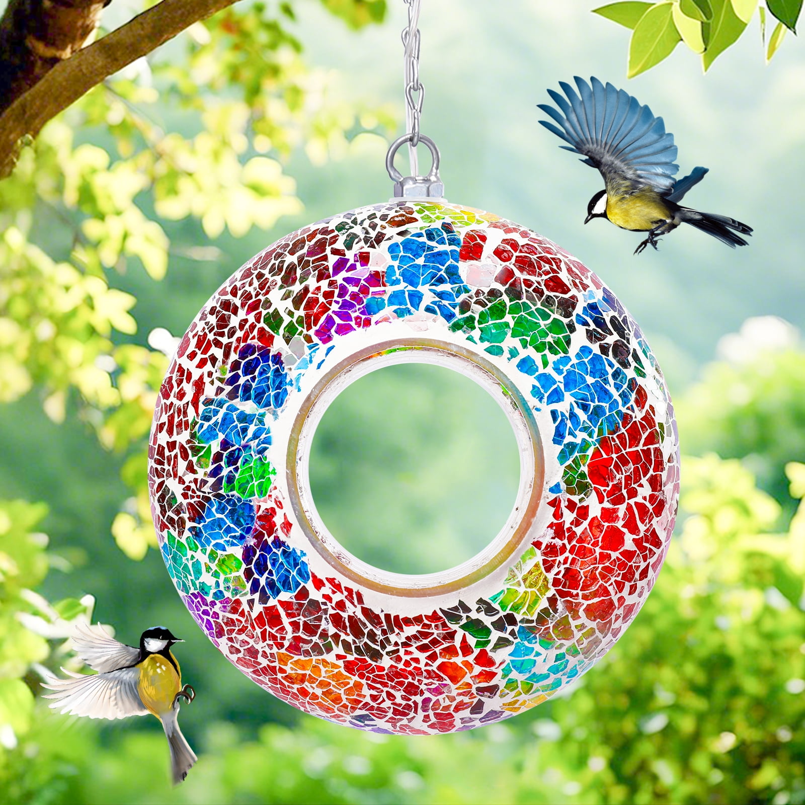 Solar Mosaic Fly Through Bird Feeder Outdoor Garden Light LED Patio Round Glass with Mosaic Design Hanging Fly-Through Bird Feeder - 9" - Red
