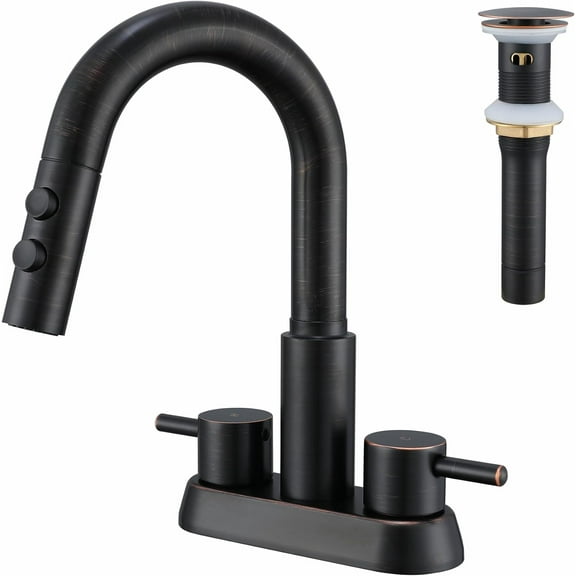 Bathroom Sink Faucet with Pull Down Sprayer 3 Holes, Oil Rubbed Bronze 4 inch 2 Handles Centerset Laundry Bar Basin Pull Out Faucet with Pop-Up Drain