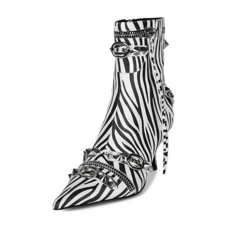 

XYD Women s Fashion Rivets Studded Ankle Boots Pointed Toe Kitten Low Heels Zipped Short Booties Dress Clubs Shoes Size 7.5 Zebra