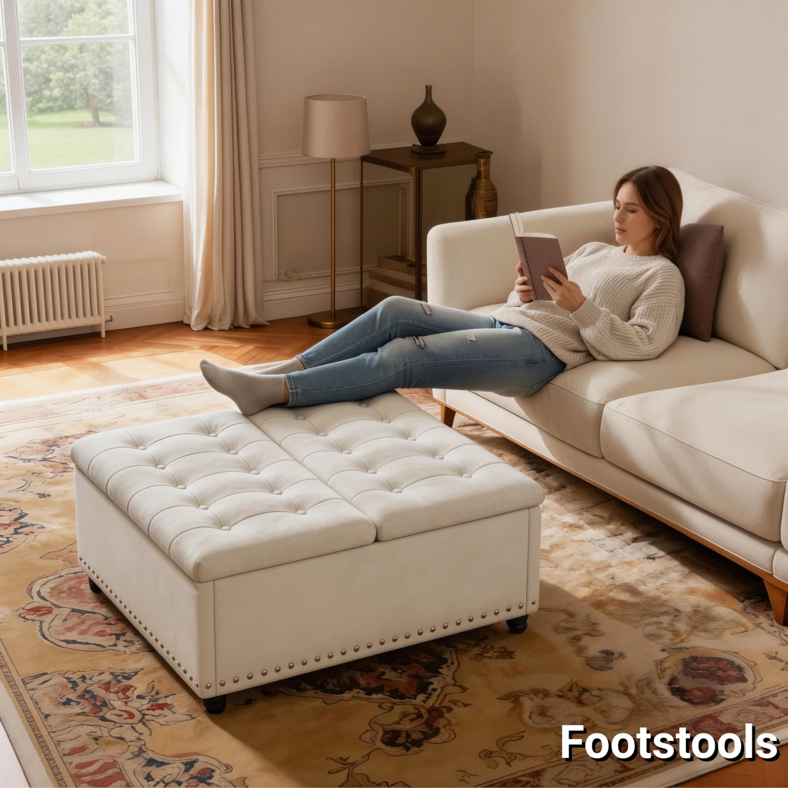 Kbun 33.5 inch Large Square Storage Ottoman, Tufted Upholstered Coffee Table with Lift Top & Solid Wood Legs, Oversized Storage Bench Ottomans Toy Box for Bedroom, Living Room, Entryway, White