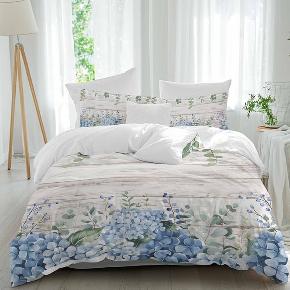3 Piece Eucalyptus Flowers Duvet Cover Set California King,Microfiber Comforter/Quilt Cover with Corner Ties and 2 Pillowcases,Blue Floral Green Vintage Wood Grain Soft Bedding with Zipper Closure