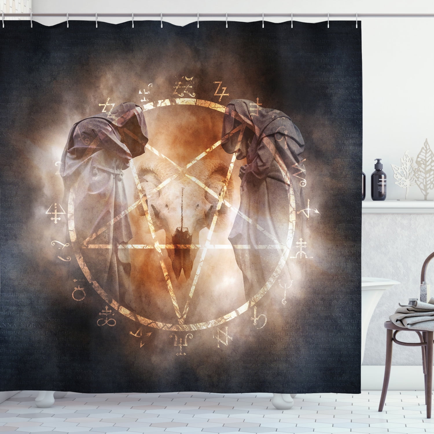 Horror House Shower Curtain, Pentagram in Flames Black Magic Ceremony