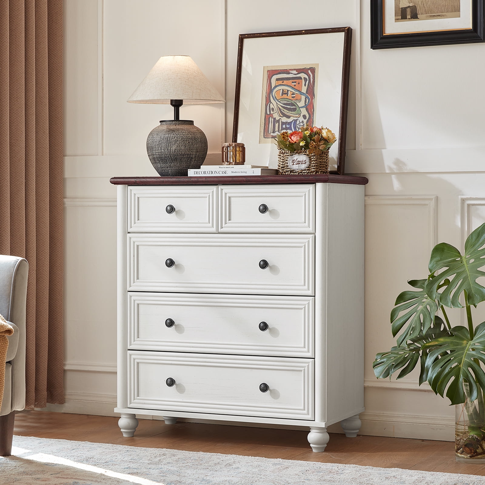 LELELINKY 5-Drawer Wood Dresser for Bedroom, Large Storage Cabinet, Classified Storage Organizer Chest for Living Room, Hallway, Brown & White