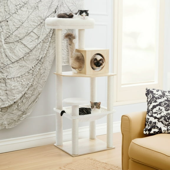 Pefilos 56" Cat Tree Tower for Indoor Cats, Modern Wood Cat Condo with Scratching Post for Large Cats Climbing, Multi-Level Cat Tree House, Beige
