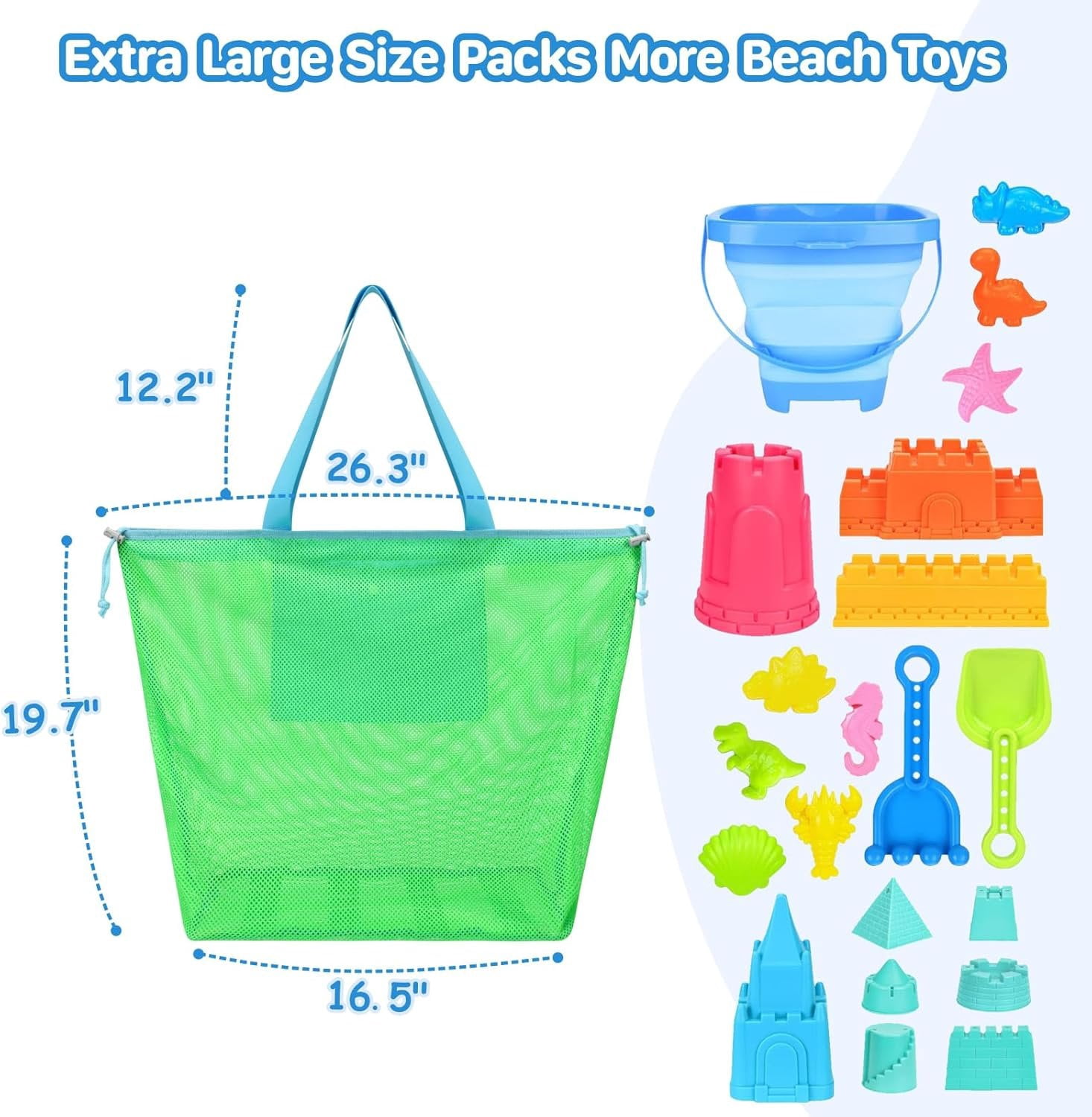 Mesh Beach  Bag With Drawstring - Lightweight Tote for Sand Toys, 's Storage Bag for Travel Essentials, Neon Green