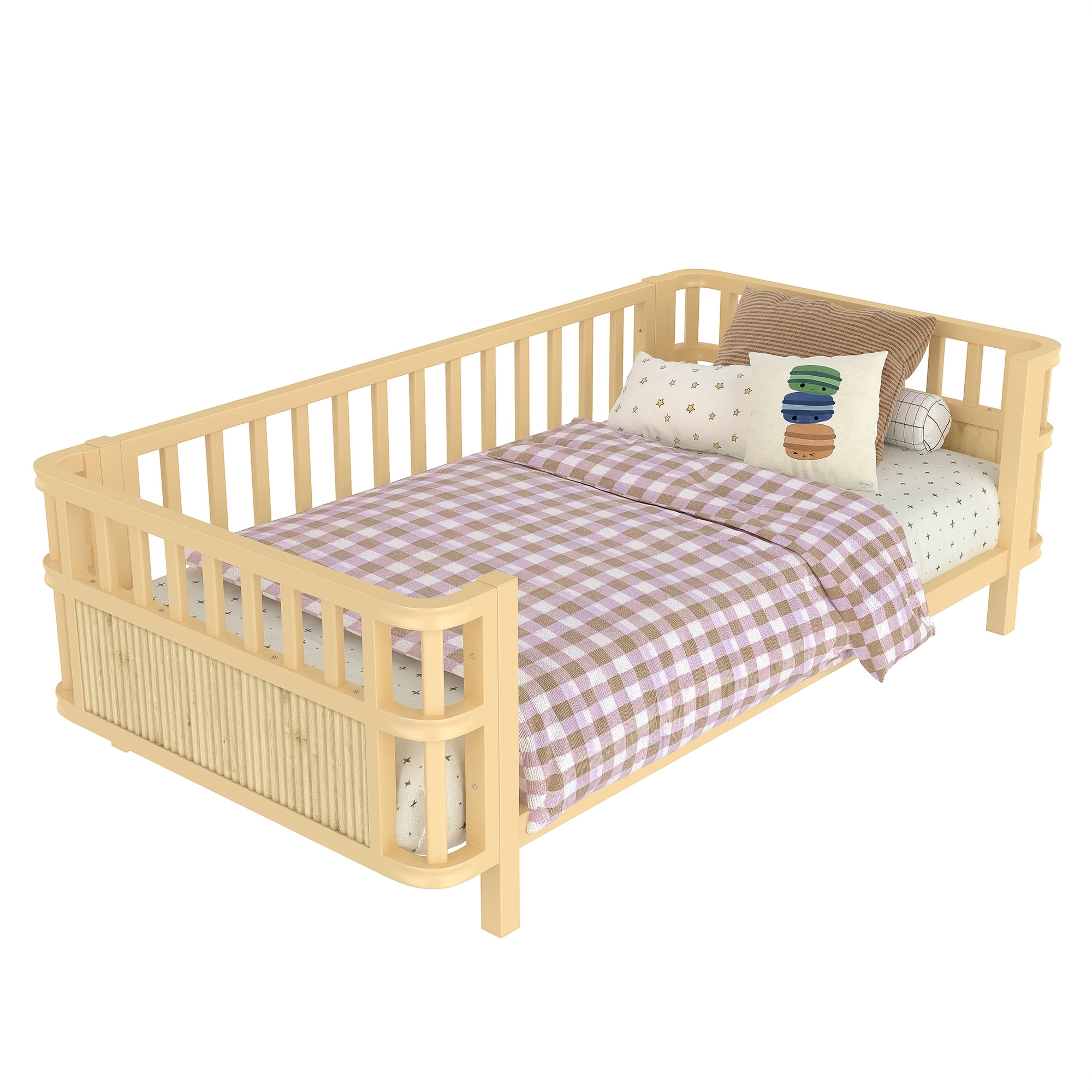 Miniyam Kids Twin Fence Bed with Safety Rails, Low Profile Platform Bed for Children, Sturdy Slatted Support, Natural