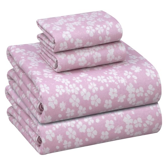 RUVANTI Flannel Sheets Full Size - 100% Cotton Double Brushed Bed Sheets Set, Deep Pockets 16 Inches, All Seasons Breathable & Extra Soft Full Sheets, Warm & Cozy, 4 Piece, Pink Flora