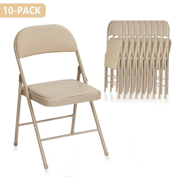 ELMERTON 10 Pack Khaki Folding Chairs with Padded Cushion and Back, Portable Heavy Duty Metal Frame Commercial Seat with 350-LBS Capacity, Foldable Indoor Outdoor Chairs for Office Party Event