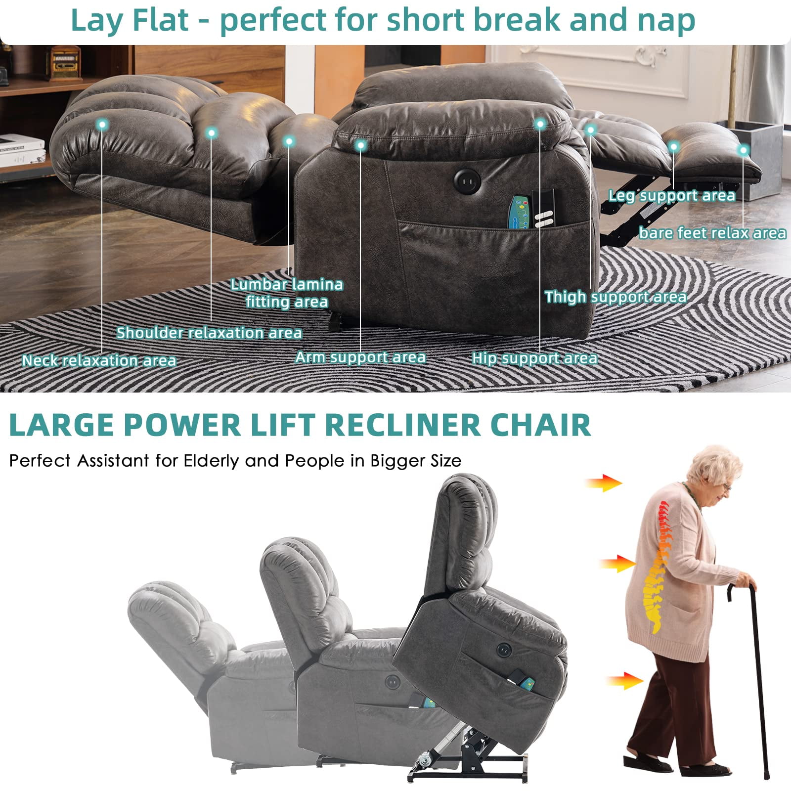 MEETWARM Large Dual OKIN Motor Power Lift Recliner Chair for Elderly Big Man, Lay Flat Sleeper Electric Recliner with Massage and Heat, Infinite Position/2 Remote Controls/USB Port/Side Pockets(Gray)