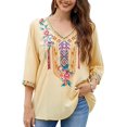 thumbnail image 3 of Grosy Womens Plus Size Tops 3/4 Sleeve V Neck Shirts Tunic Casual Floral Embroidered Loose Summer Fall Blouses Mexican Peasant Cotton Rayon Shirts-328/Light Yellow/L, 3 of 10