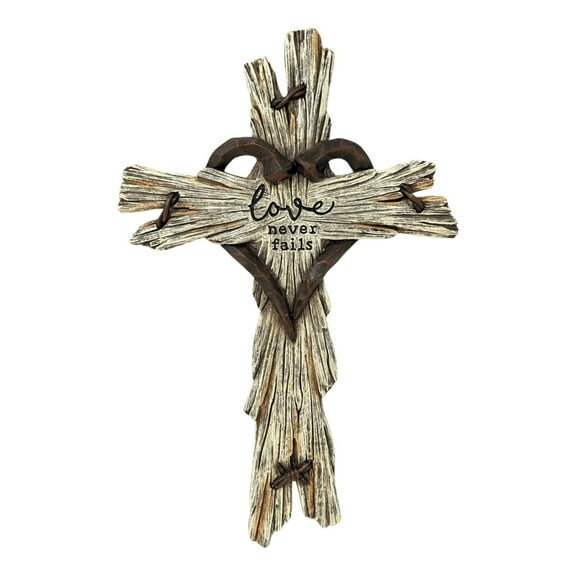 Rustic Driftwood Look Wall Cross with Heart at the Center and Engraved "Love Never Fails" – Premium Resin Religious Décor for Home, Church, or Office, Symbolizing Faith & Love, Easy Wall Mount Design