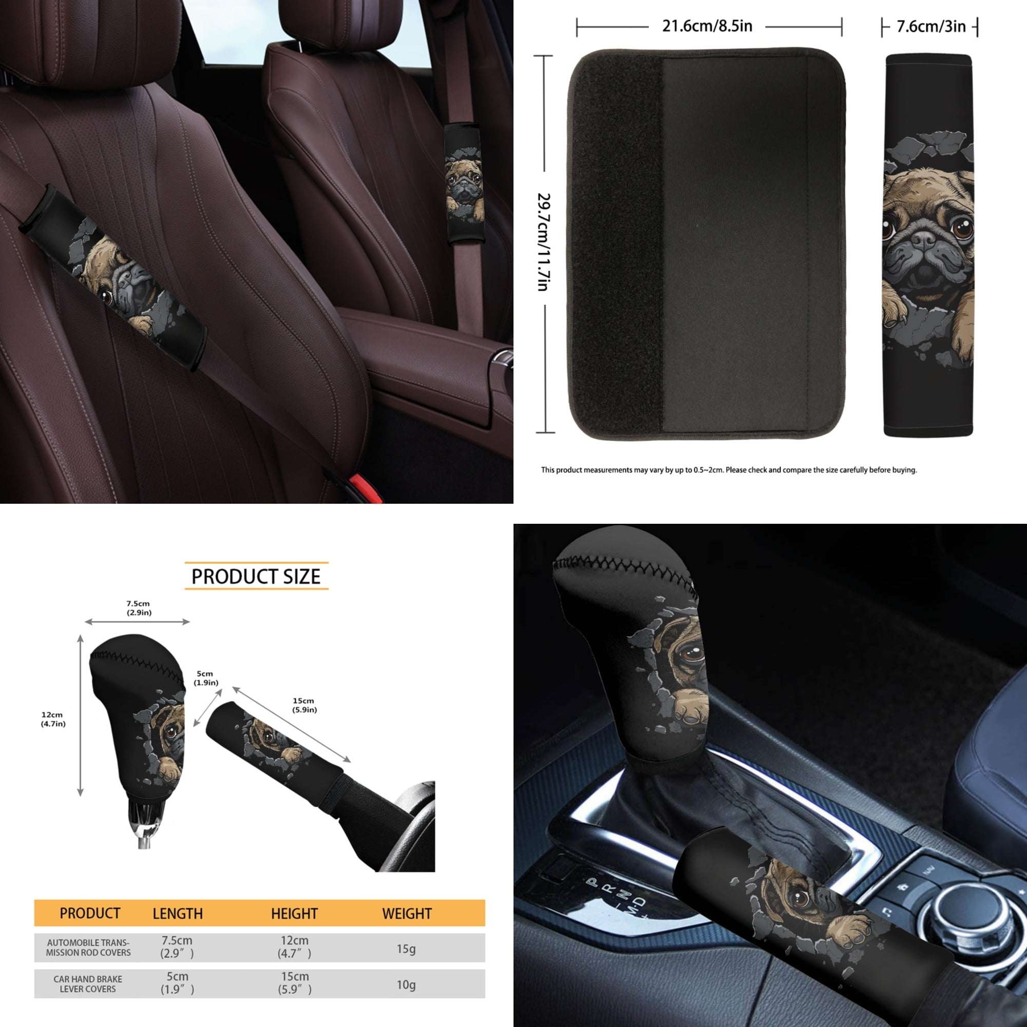Yuyamidu 3D Pug Car Seat Cover Set of 14 Black Steering Wheel Cover Seat Belt Pads Waste Basket Bin Rearview Mirror Cover Cup Holder Cute Center Console Cover Handbrake Cover Gear Shift Cover