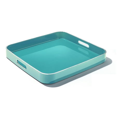 

Turquoise Square Set of 2 Serveware Trays With Silver Rim LG 14.76 x 14.76 X 1.96 SM 13.39 x 13.39 x 1.77