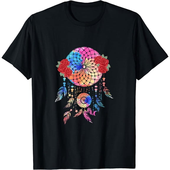 Native Idea Flowers Dreamcatcher Short Sleeve T-Shirt Black Casual Tee Unisex
