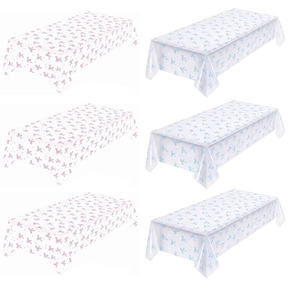 6 Pack Pink & Blue Bow Disposable Tablecloths, Rectangle Plastic Party Table Covers for Birthday Baby Shower Party Decorations
