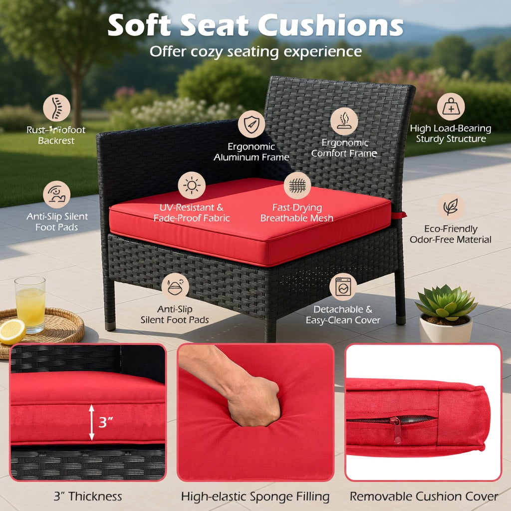 Hommoo Outdoor Wicker Loveseat with Built-in Tempered Glass Tables, Black PE Rattan, Heavy-Duty Metal Frame for Backyard, Porch & Poolside, Red