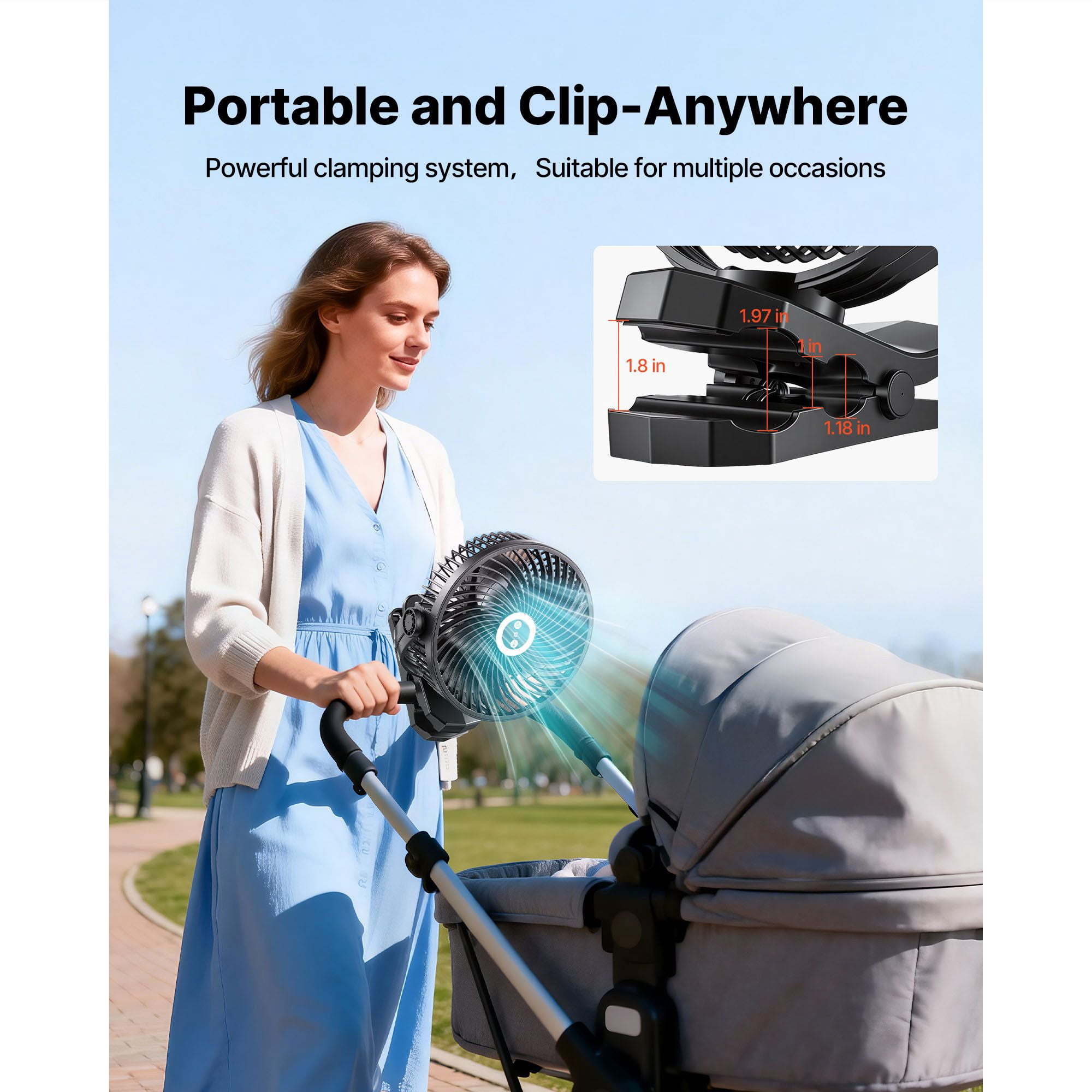 Clip Fan with LED Light, 2-Level Camping Light, 4 Speeds + Circulation Mode, 37Wh Dual-Cell Battery, Type-C Fast Charging, Touch Control for Desk and Outdoor