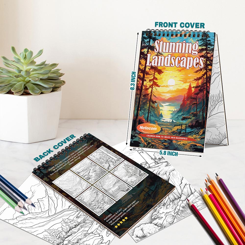 Stunning Landscapes Coloring Book Spiral Bound For Adults, A5 Wooden Cover, 30 Serene Coloring Pages of Gorgeous Outdoor Scenes for Stress Relief and Relaxation