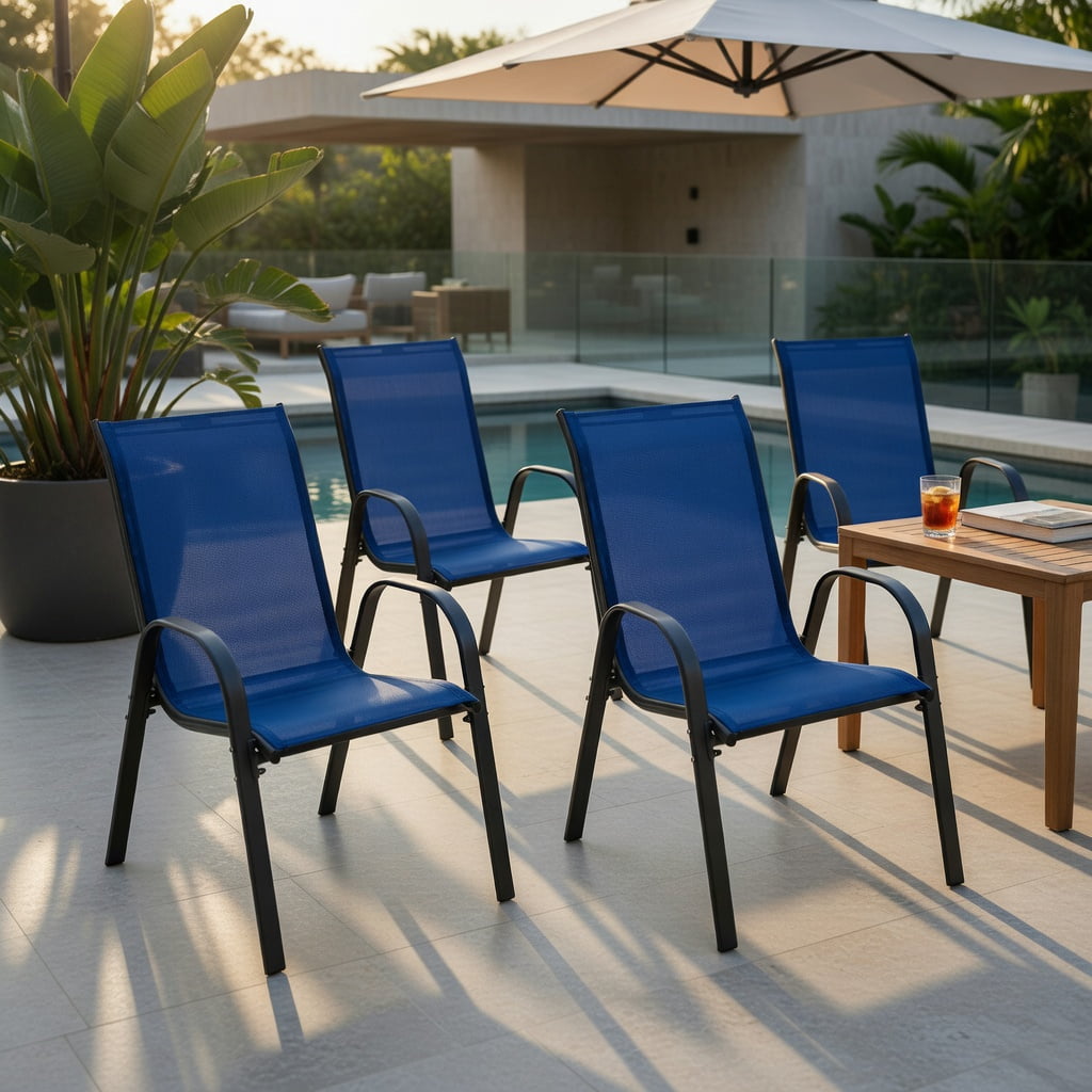 Hommoo 4-Pack Stackable Patio Dining Chairs, Ergonomic Armrests & Breathable Mesh Fabric, Outdoor Mesh Chairs for Deck, Patio, or Balcony, Navy