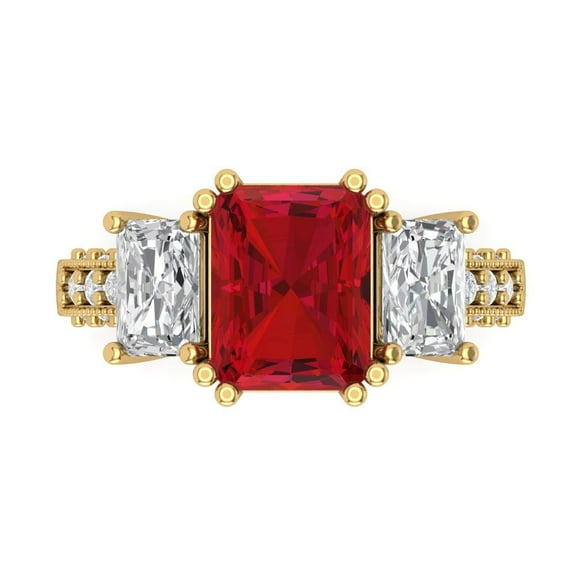 Three-Stone Engagement Ring for Women - 4.27ct Simulated Ruby in 14K Yellow Gold Promise Ring