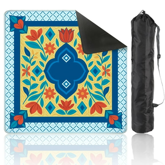 Mahjong Mat 31.5" x 31.5" Colorful Floral Blue Accents Geometric Shapes Anti-Slip and Noise Reduction Symmetry Design Mahjong Tiles Table Cover for Dominoes Poker Card Board and Tile Games