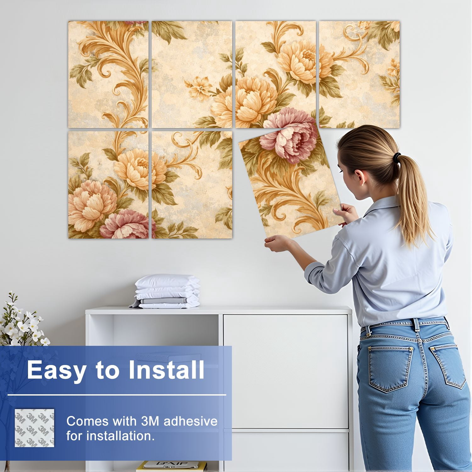 8 Pack Art Acoustic Panels Sound Absorbing Close up beige vintage floral Decorative Soundproof Wall Panels Self Adhesive for Nursery Game Room Bedroom 48"x32"