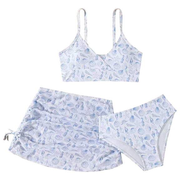 Staki Girls' Bikini Three Piece Set Girls 3 Piece Swimsuits Bathing Suit Cute Ruffle Floral Print Bikini Set with Skirt Kids Swimwear 7-10Y 11-13Y(White,12-13 Years)