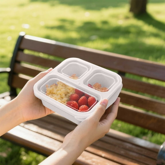 3 Compartments Bento Box 6.7In Portable Reusable Snack Boxes Stackable Lunch Box Multifunction Meal Prep Containers For Work Travel-Beige(17X15.5X5.5Cm)