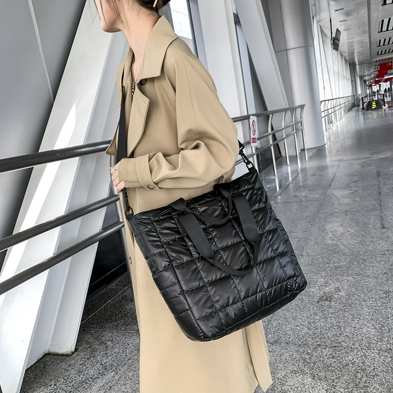 TBOLINE Women Cotton Padded Quilted Tote Bag Zipper Large Shoulder Bag  (Black)