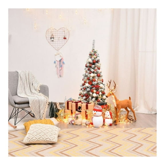 OWNEN 4.5 Ft Unlit Hinged Snow Flocked Artificial Pencil Christmas Tree, Features 242 Easy-to-Shape Branch Tips for Custom Decorating