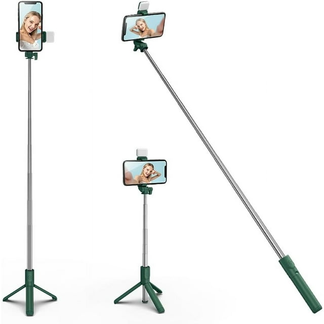 KOMI Selfie Stick Tripod with Fill Light, Extendable Selfie Stick Tripod with Wireless Remote and Tripod Stand Group Selfies, Live Streaming, Video Recording Compatible with All Cellphones, Green