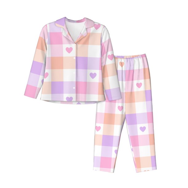 Balery Heart Buffalo Plaid Conjunto de Pijama con Estampado para Mujer, Conjunto de Dos Piezas con Manga Larga, Ropa de Dormir Suave con Bolsillos, Pijamas Cómodos-Small