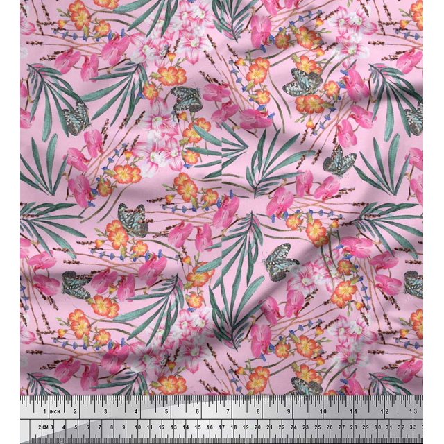 Soimoi Polyester Crepe Fabric & Orchids Floral Print Fabric by The Yard 52 Inch Wide