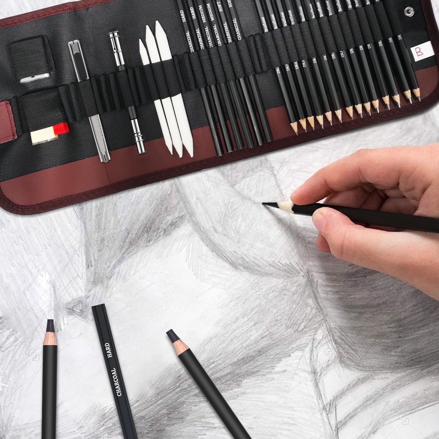 29-Piece Professional Sketching & Drawing Art Set - Complete Kit with 14 Graphite Pencils, 6 Charcoal Pencils, Blending Stumps, and Accessories for Artists