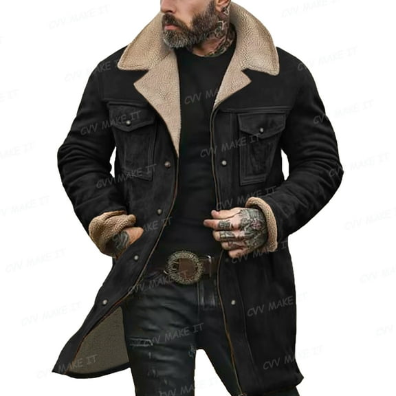 Homeyce Mens Vintage Suede Jacket Cowboy Winter Warm Suede Jacket Faux Leather Plush Collar Mid Length Coats Zip Up Casual Retro Fashion Tops,Black XL